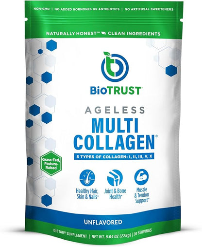 BioTrust Ageless Multi Collagen Peptides Powder – 5 Types (I, II, III, V, X) – Unflavored Collagen Powder for Women & Men – Hydrolyzed Protein – Grass Fed Beef, Fish, Chicken, Eggshell Membrane