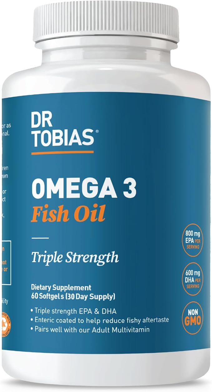 Dr. Tobias Omega 3 Fish Oil 2000mg Triple Strength with 800mg EPA 600mg DHA Per Serving | Fish Oil Omega 3 Supplements for Heart Brain & Immune Support - 60 Softgels (30 Servings)
