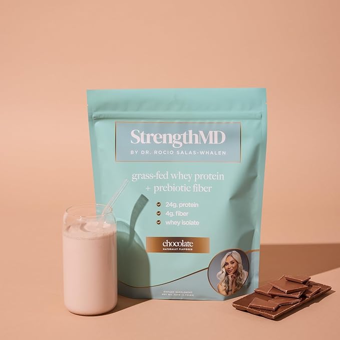 StrengthMD Physician Formulated Protein + Fiber Shake for GLP-1 Support | 24g Protein Grass-Fed Whey, 4g Fiber & Digestive Enzymes, Low Carb, No Added Sugar, Chocolate, 1.72 lb