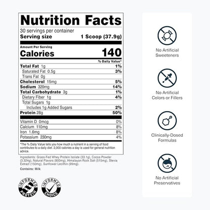 Transparent Labs Grass-Fed Whey Protein Isolate - Naturally Flavored, Gluten Free Whey Protein Powder with 28g of Protein per Serving & 9 Amino Acids - 30 Servings, Dark Chocolate