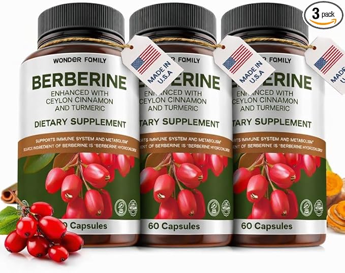 WONDER FAMILY Berberine 500 mg GLP-1 Weight Loss Supplement – Berberine HCl with Ceylon Cinnamon, Probiotics, Vitamin D3 & K2 – Glucose Metabolism & Appetite Support – 3 Pack - 180 Capsules
