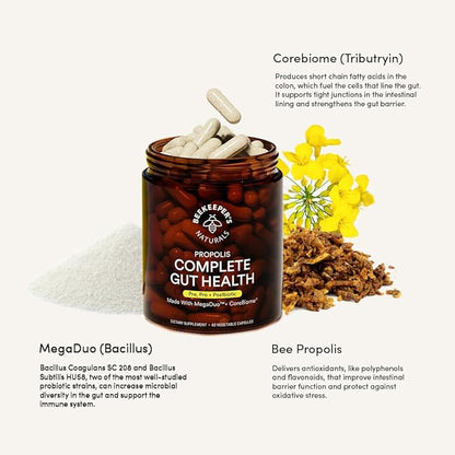 Complete Gut Health by Beekeeper's Naturals, 3-in-1 Prebiotic, Postbiotic, Probiotics for Digestive Health & Bloating Relief for Women & Men, Propolis Powered, Gluten-Free Vegan Capsules, 60ct