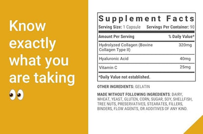 Type 2 Collagen for Joint Support | 270 Capsules (9 Month Supply) | Grass-Fed Hydrolyzed with Hyaluronic Acid & Vitamin C | Joint Health & Cartilage Support