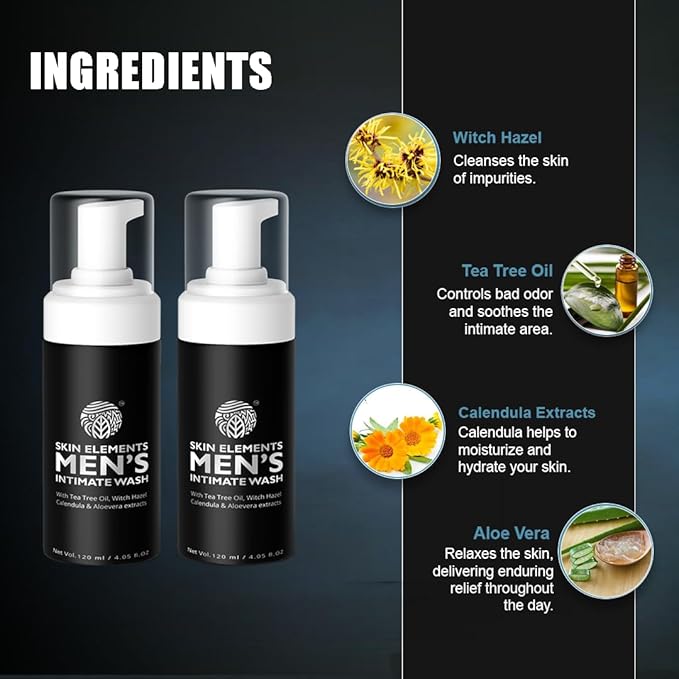 Skin Elements Intimate Wash for Men with Tea Tree Oil | pH Balanced Foaming Hygiene Wash | Control Bad Odor & Unwanted Sweat | Refreshes Intimate Area | 240 ml | Pack of 2