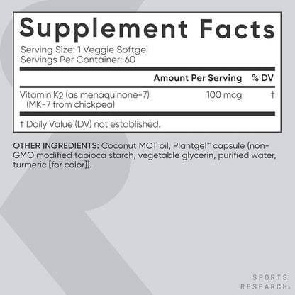 Sports Research® Vitamin K2 as MK-7 100mcg with Coconut MCT Oil - 60 Veggie Softgels (2 Month Supply) Vegan Certified, Non-GMO Verified, Gluten & Soy Free
