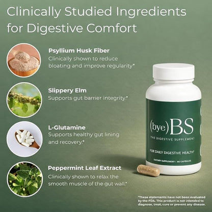Bloating Relief & Digestive Support Capsules – Psyllium Fiber, Peppermint, Slippery Elm & L-Glutamine – Daily Gut Health Supplement for Regularity & Comfort