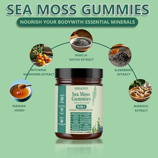 Sea Moss Gummies 16-in-1, with Black Seed Oil, Ashwagandha & Elderberry | Organic Irish Sea Moss Supplement for Men & Women | Daily Support with Manuka, Burdock Root & Vitamins C & D3, 30 Gummies