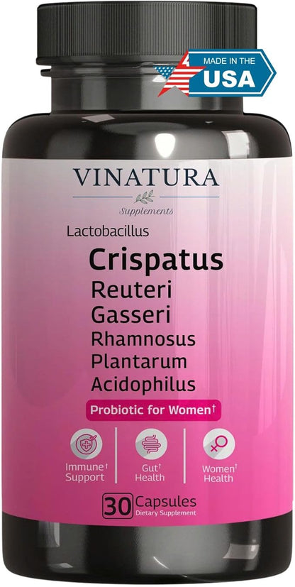 VINATURA Lactobacillus Rhamnosus, Reuteri, Gasseri, Plantarum, Crispatus, Acidophilus Probiotics - Probiotics for Women *USA Made & Tested* Women Vaginal Health, Gut and Digestive Health - 30 Capsules
