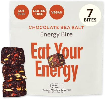GEM Energy Caffeinated Chocolate Bite | Holistic Sustained Energy | Supports Metabolism, Stamina & Endurance | 40mg Caffeine, Ginseng Root, L-Theanine | Chocolate Cacao Sea Salt | 7 Servings