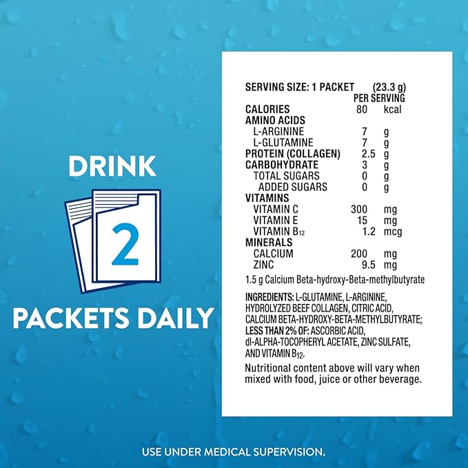 Juven Therapeutic Nutrition Drink Powder Including Collagen Peptides, Amino Acids, and HMB For Wound Healing Support, Unflavored, 30 Packets