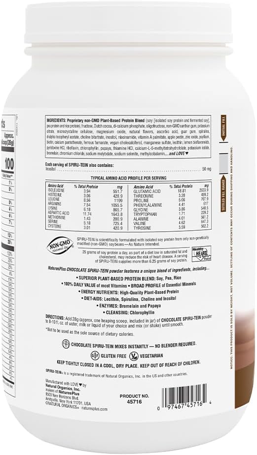 NaturesPlus SPIRU-TEIN, Chocolate - 3.7 lbs - Plant-Based Protein Shake - Non-GMO, Vegetarian, Gluten Free - 60 Servings