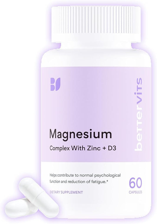 Bettervits Magnesium Glycinate Complex with Citrate Malate Zinc & Vitamin D3 | High Absorption Pure Magnesium 225mg Supplement Chelated Formula for Muscle Relaxation, Sleep Support – 60 Capsules