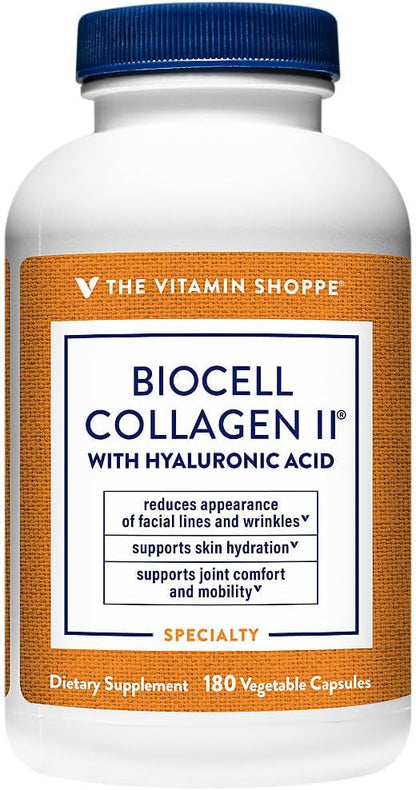 The Vitamin Shoppe BioCell Collagen Capsules with Hyaluronic Acid, 1000 mg Collagen per Serving, Supplement for Men and Women, Supports Daily Wellness Routines, Gluten Free, Non GMO, 180 Capsules