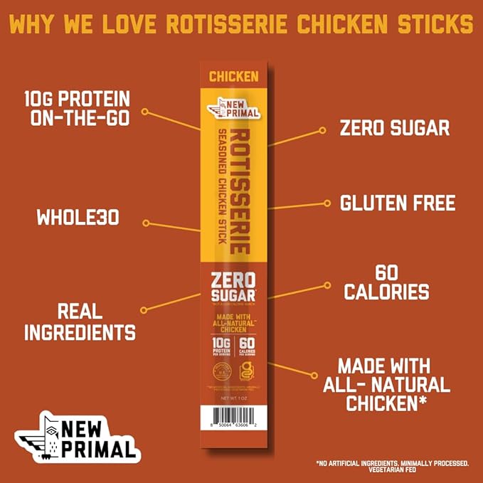 New Primal Rotisserie Chicken Sticks, Zero Sugar High Protein Snack, Gluten Free Whole30 Healthy Snacks, Keto and Paleo Friendly, Jerky Meat Stick, 10g Protein, 80 Ct