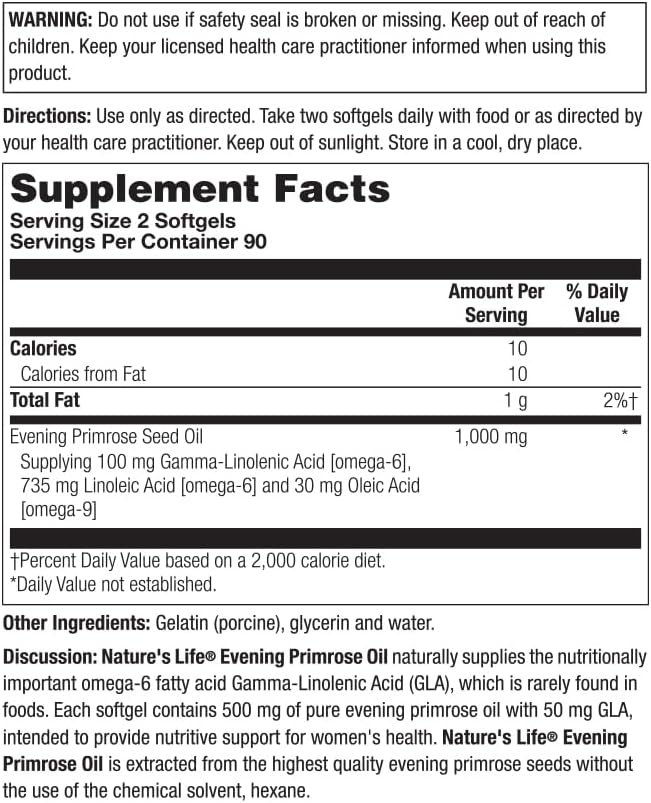 Natures Life Evening Primrose Oil 500 mg Minis | PMS and Menopause Support for Women | Skin Health | 180ct, 90 Serv.