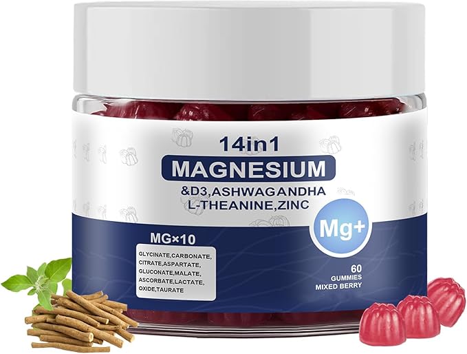 Magnesium Complex Gummies for Women & Men, Calm Magnesium Gummies for Women & Men, 14-in-1 with Ashwagandha, L-Theanine, Vitamin D3 & Zinc, 60 Count (1)