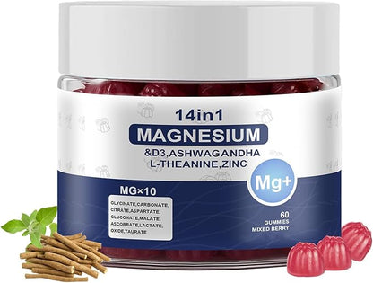 Magnesium Complex Gummies for Women & Men, Calm Magnesium Gummies for Women & Men, 14-in-1 with Ashwagandha, L-Theanine, Vitamin D3 & Zinc, 60 Count (1)