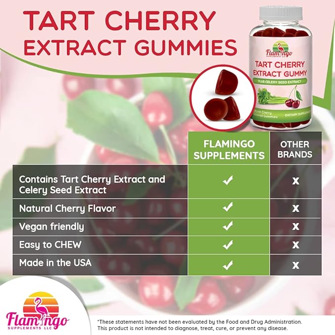 Flamingo Supplements Tart Cherry Gummies (2000mg) with Celery Extract (400mg)- Sleep, and Joints- Tart Cherry Extract Alterative to Tart Cherry Juice Concentrate, Capsules, or Powders - 60 Count