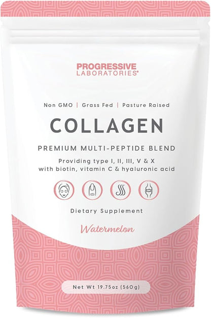 Multi-Type Collagen Powder (Watermelon) – Types I, II, III, V & X for Skin, Hair, Nail & Joint Support – Multi Collagen Supplement With Biotin, Vitamin C & Hyaluronic Acid – Grass-Fed, Non-GMO