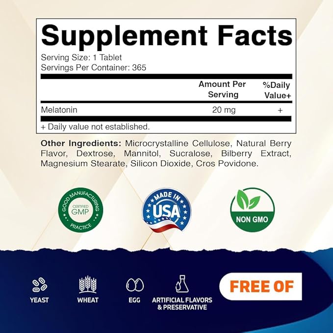 Vitamatic Melatonin 20 mg Tablets | Vegetarian, Non-GMO, Gluten Free | 1 Year Supply | Natural Berry Flavor - 365 Tablets