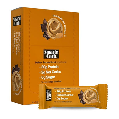 NuGo Smarte Carb 20g Protein 0g Sugar, 2g Net Carbs 160 Calories Brown, Sugar free Peanut Butter Crunch, 12 Count