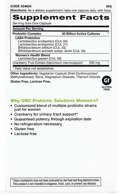 GNC Probiotic Solutions Women's with 30 Billion CFUs, Clinically Studied Multi-Strain for Women, Supports Digestive and Immune Health, Vegetarian, 30 Capsules