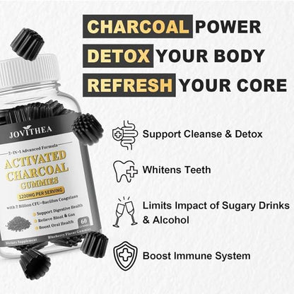 Activated Charcoal Gummies 1200mg, with Organic Coconut Shell Charcoal & 2 Billion Probiotics, Natural Gas & Bloating Relief, Digestive Support, Non-GMO, Vegan, Gluten Free, Blueberry Flavor, 60Ct