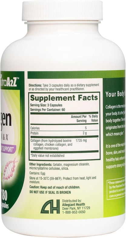 HealthA2Z Multi Collagen pills 1735mg -180 collagen capsules (60 servings) - Types I, II, III, V & X for Healthy Skin, Hair, Nails & Joint Support
