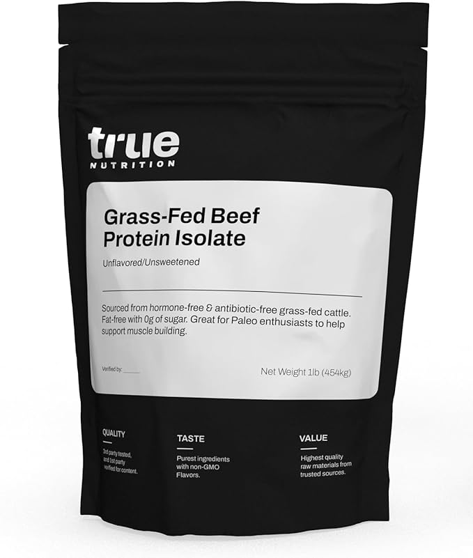 True Nutrition Grass Fed Beef Protein Isolate Powder - 31g Protein per Serving - Zero Carb, Fat Free, Dairy Free, Non-GMO - Paleo, Keto, Carnivore - Unflavored/Unsweetened - 1lb