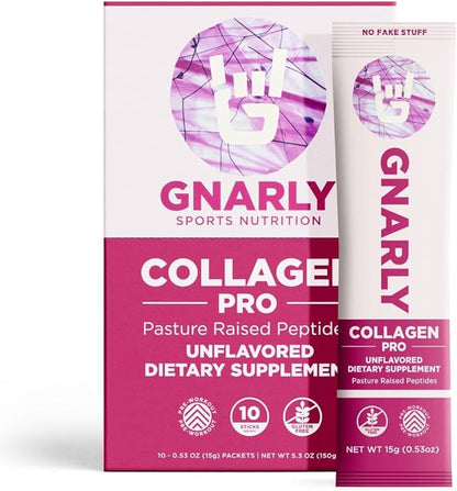 Gnarly Nutrition Collagen Peptides – Collagen Pro with Vitamin C, Zinc & Copper – NSF Certified Collagen Powder – Unflavored, 10 Stick Packs