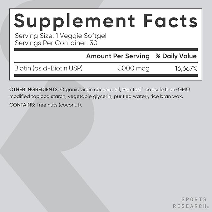 Sports Research® Biotin 5,000mcg with Organic Coconut Oil - Biotin (Vitamin B7) for Healthy Skin and Hair Support* - for Women and Men - Vegan, Non-GMO, Gluten & Soy-Free - 30 Veggie Softgels