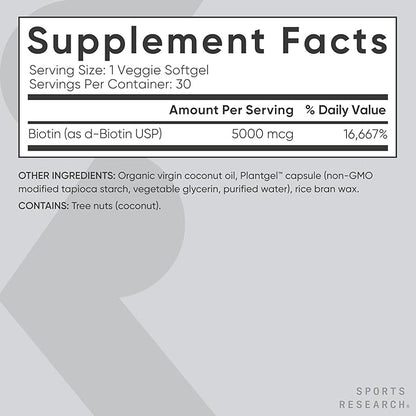Sports Research® Biotin 5,000mcg with Organic Coconut Oil - Biotin (Vitamin B7) for Healthy Skin and Hair Support* - for Women and Men - Vegan, Non-GMO, Gluten & Soy-Free - 30 Veggie Softgels