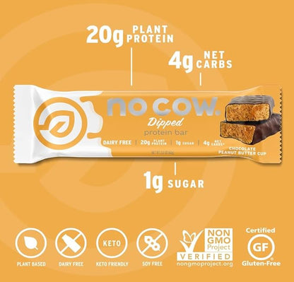 No Cow High Protein Bars, Dipped Variety Pack - Healthy Snack, 20g Vegan Protein, High Fiber, Low Sugar, Keto Friendly, Dairy & Gluten Free (12 Count)