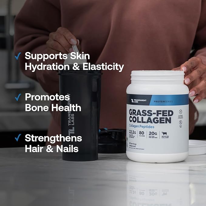 Transparent Labs Grass-Fed Collagen Peptides Powder - Collagen Powder for Women & Men, 22G Bovine Hydrolyzed Collagen Peptides Powder for Skin, Hair, Joint & Muscle Recovery - Unflavored, 30 Servings