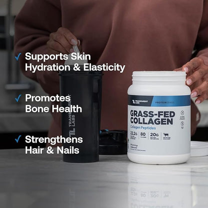 Transparent Labs Grass-Fed Collagen Peptides Powder - Collagen Powder for Women & Men, 22G Bovine Hydrolyzed Collagen Peptides Powder for Skin, Hair, Joint & Muscle Recovery - Unflavored, 30 Servings