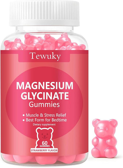 Magnesium Glycinate Gummies 500mg, Sugar-Free for Adults & Kids, Magnesium Gummy for Relaxation, Stress & Muscle Relief, Supports Bone & Nerve Health, Vegan, Pectin-Based, 60 Count, Strawberry Flavor