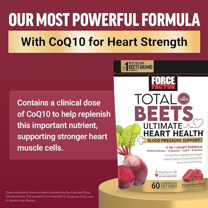 Force Factor Total Beets Blood Pressure Support Supplements with Beet Powder, Great-Tasting Beets Chewables for Heart-Healthy Energy, and Increased Nitric Oxide, 60 Chews