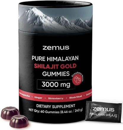 Zemus Himalayan Pure Shilajit Gummies I Lab Tested I Synergistic Blend of Ashwagandha & 5 Mushroom Complex | Fulvic Acid & 85+, Trace Minerals | for Men & Women (60 Count / 8.46 oz, Strawberry)
