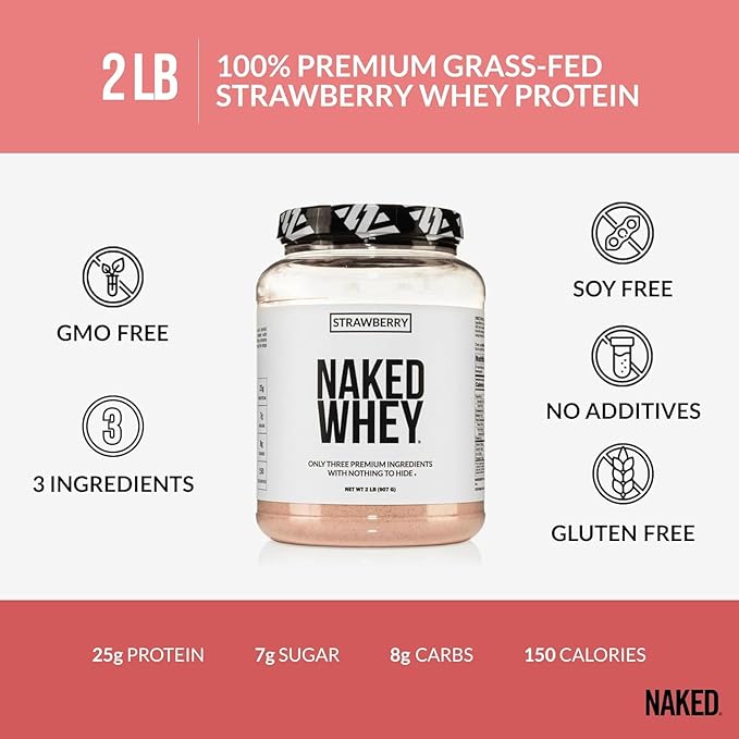 NAKED Strawberry Whey Protein Powder, Only 3 Ingredients, 25g Grass Fed Whey Protein Powder, Aid Muscle Growth & Recovery - 24 Servings
