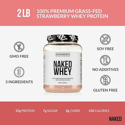 NAKED Strawberry Whey Protein Powder, Only 3 Ingredients, 25g Grass Fed Whey Protein Powder, Aid Muscle Growth & Recovery - 24 Servings