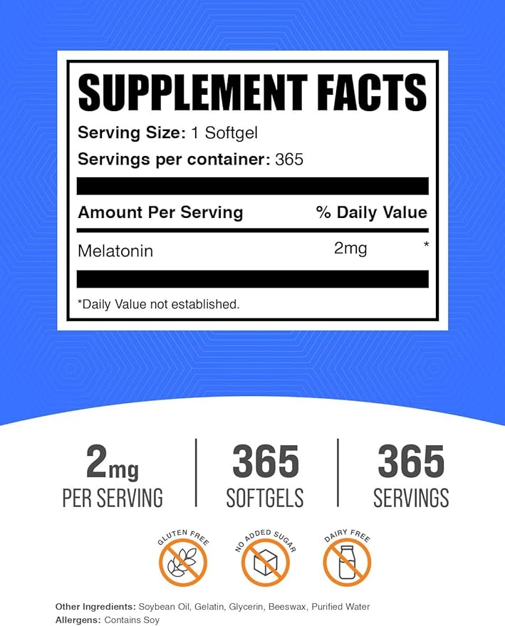 BulkSupplements.com Melatonin Softgels - Melatonin Supplement, Sleep Aids for Adults - Gluten Free, 1 Softgel per Serving (2mg), 365 Count (Pack of 1)