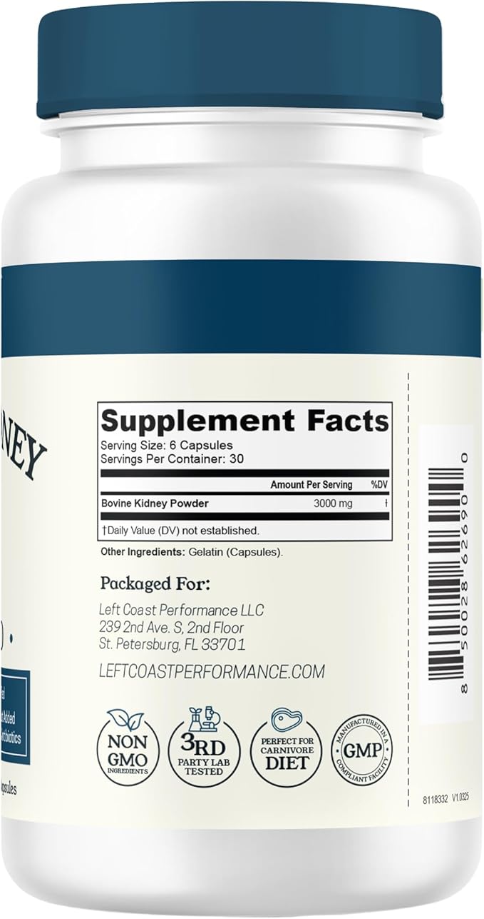 Left Coast Performance Grass Fed Beef Kidney Supplement –100% Grass Fed, Freeze Dried, Non-GMO, New Zealand Pasture Raised Beef Organ Supplement - DAO Enzyme and Histamine Support– 180 Capsules