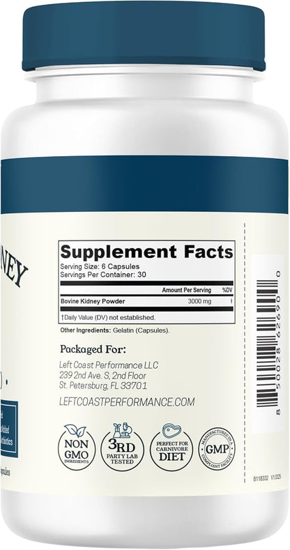 Left Coast Performance Grass Fed Beef Kidney Supplement –100% Grass Fed, Freeze Dried, Non-GMO, New Zealand Pasture Raised Beef Organ Supplement - DAO Enzyme and Histamine Support– 180 Capsules