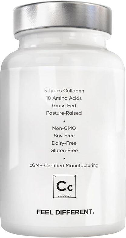 Amen Multi Collagen Peptides Capsules with Hyaluronic Acid and Vitamin C - 5 Types of Collagen Protein Type I, II, III, V, X - Grass Fed Hydrolyzed - 18 Amino Acids - Collagen Supplement - 90 Pills