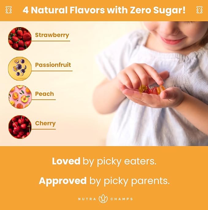 NutraChamps Kids Multivitamin Gummies | Sugar Free 120 Gummy Vitamins for Kids | Vegan & Non-GMO | Strawberry, Passionfruit, Peach & Cherry