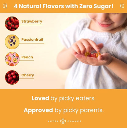 NutraChamps Kids Multivitamin Gummies | Sugar Free 120 Gummy Vitamins for Kids | Vegan & Non-GMO | Strawberry, Passionfruit, Peach & Cherry