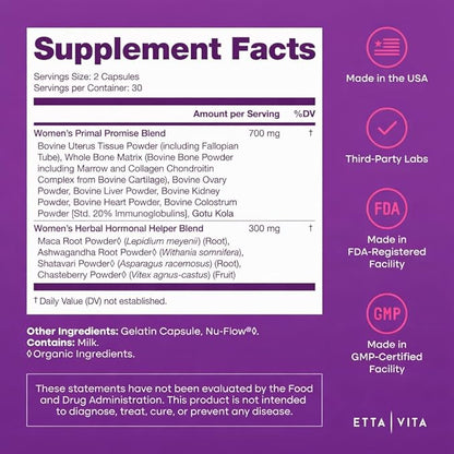 Primal Beef Organ Supplement for Women (Made in USA) Boosted w Shatavari, Maca, Ashwagandha, and Chasteberry - Grass Fed Uterus, Ovary, Liver, Kidney, Heart Bone Matrix, Gotu Kola and Queen Colostrum
