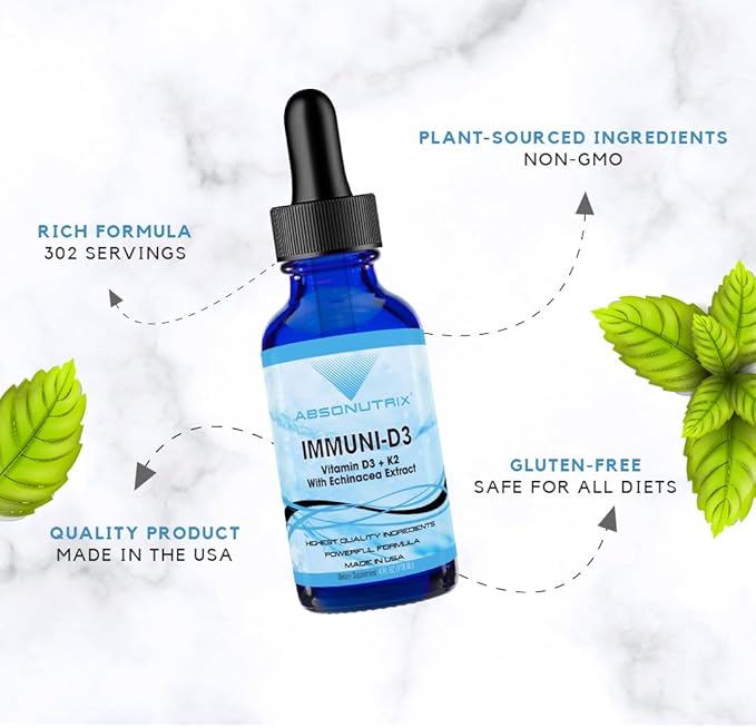 Absonutrix Vitamin D3 K2 Drops, 390mg, 4 Oz Liquid, 302 Servings, Made in USA, Quick Absorption, Quality Potent Ingredients, Non-GMO, GMP Certified, Cruelty-Free Products, (Immuni-D3)