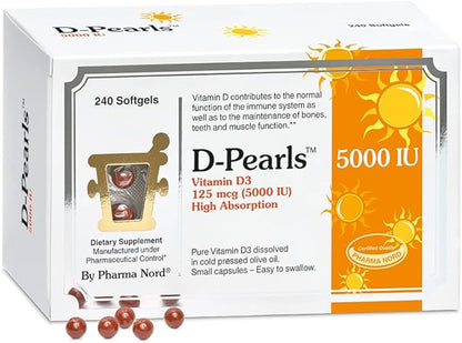Pharma Nord D-Pearls 5000 iu (125 mcg) High Potency Vitamin D3 – High Absorption Mini Softgels in Organic Olive Oil, Immune, Bone, & Muscle Support, Non-GMO, Gluten-Free, 240 Count