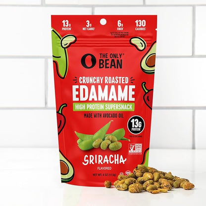 The Only Bean Crunchy Roasted Edamame Snack (Sriracha), High Protein Snacks (13g) Healthy Protein Chips, Keto Friendly Food (2g Net), Plant-Based Vegan Snacks, Office Snacks, Spicy Snack, 4oz (3 Pack)